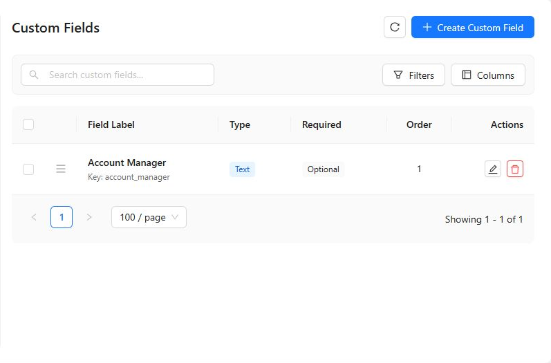 Kelune CRM Custom Fields screen with an optional Account Manager text field