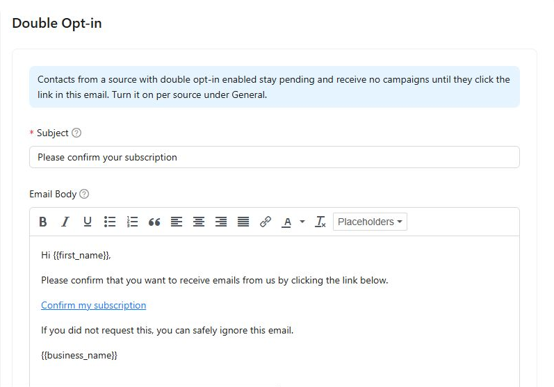 Kelune CRM Double Opt-in settings with the confirmation email editor