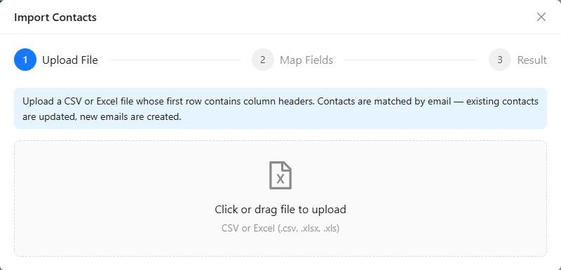 Import Contacts upload step for CSV and Excel files