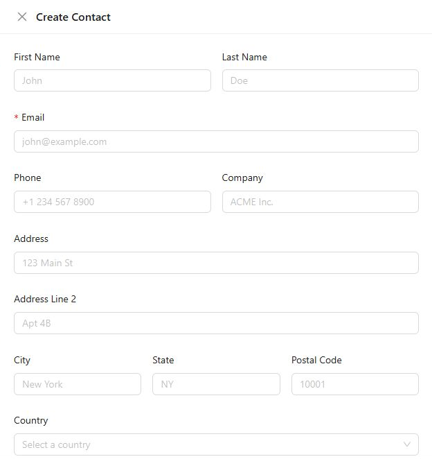 Create Contact form showing personal, company, and address fields