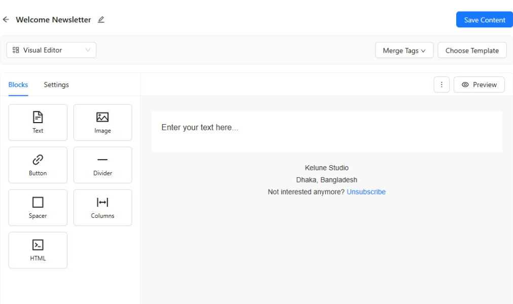 Kelune CRM visual email template builder with content blocks and settings