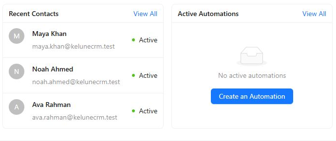 Recent contacts and active automations on the dashboard