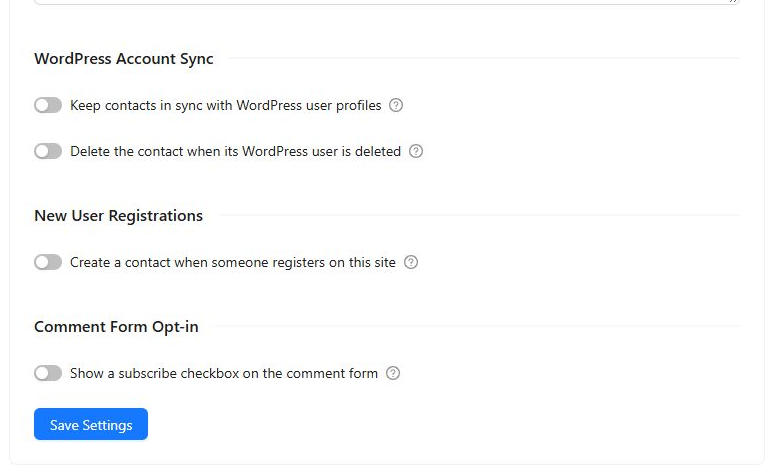 WordPress synchronization, registration, and comment opt-in settings