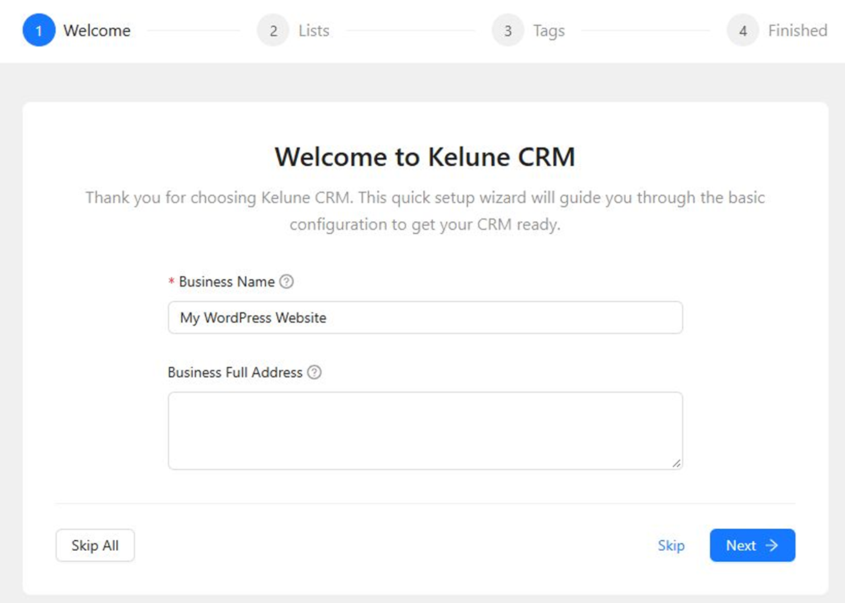 Kelune CRM setup wizard welcome screen