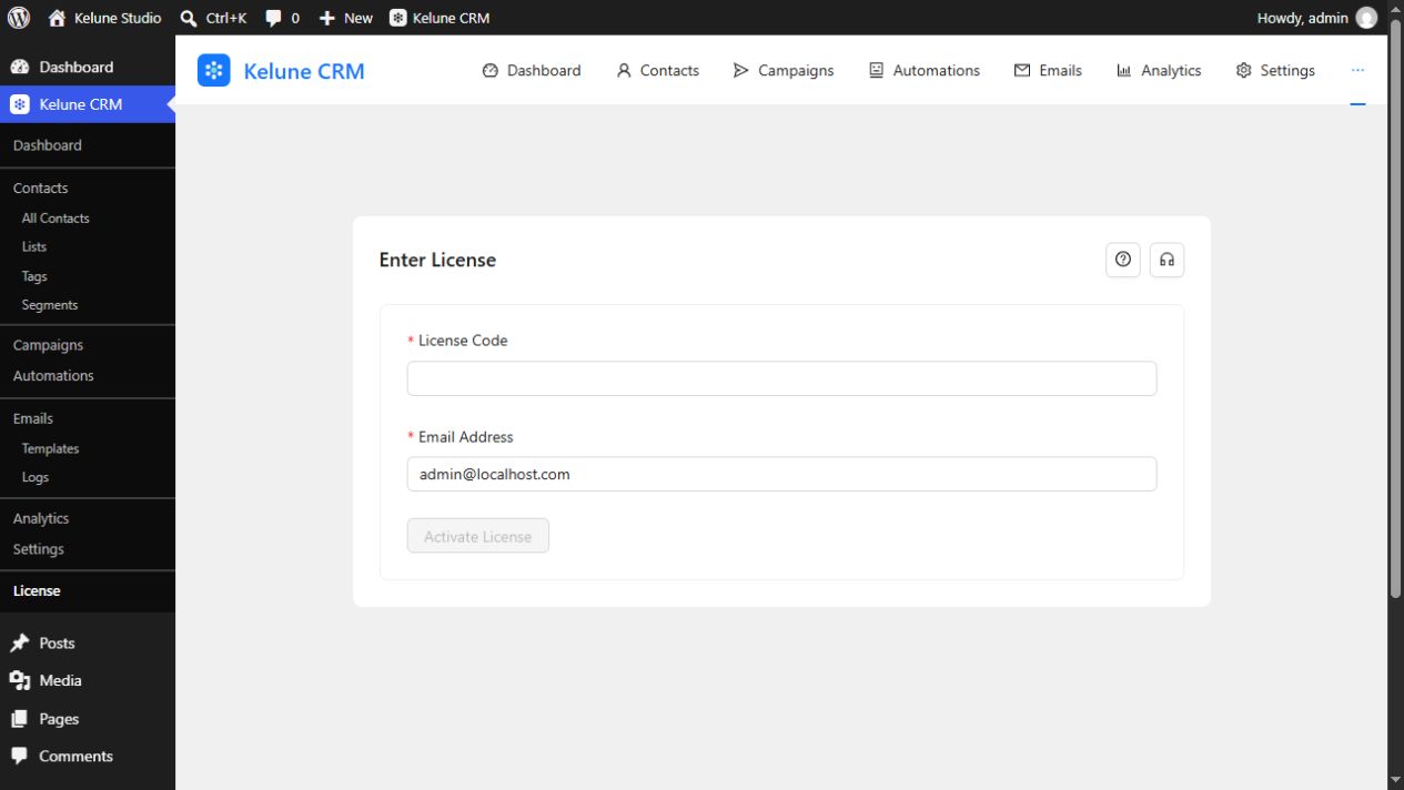 Kelune CRM Pro license activation form with an empty license-code field