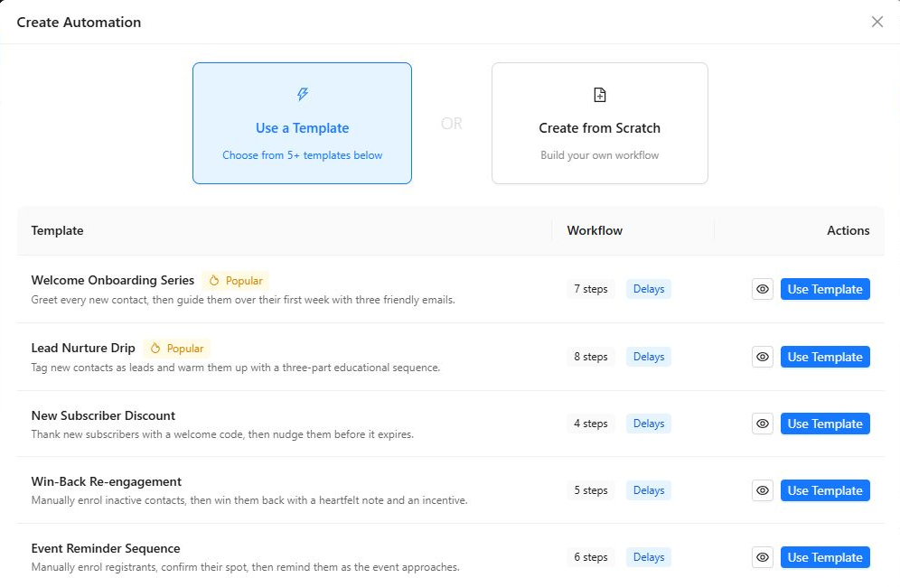 Create Automation screen with workflow templates and a from-scratch option