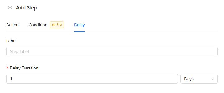 Delay step configuration with duration and time-unit controls